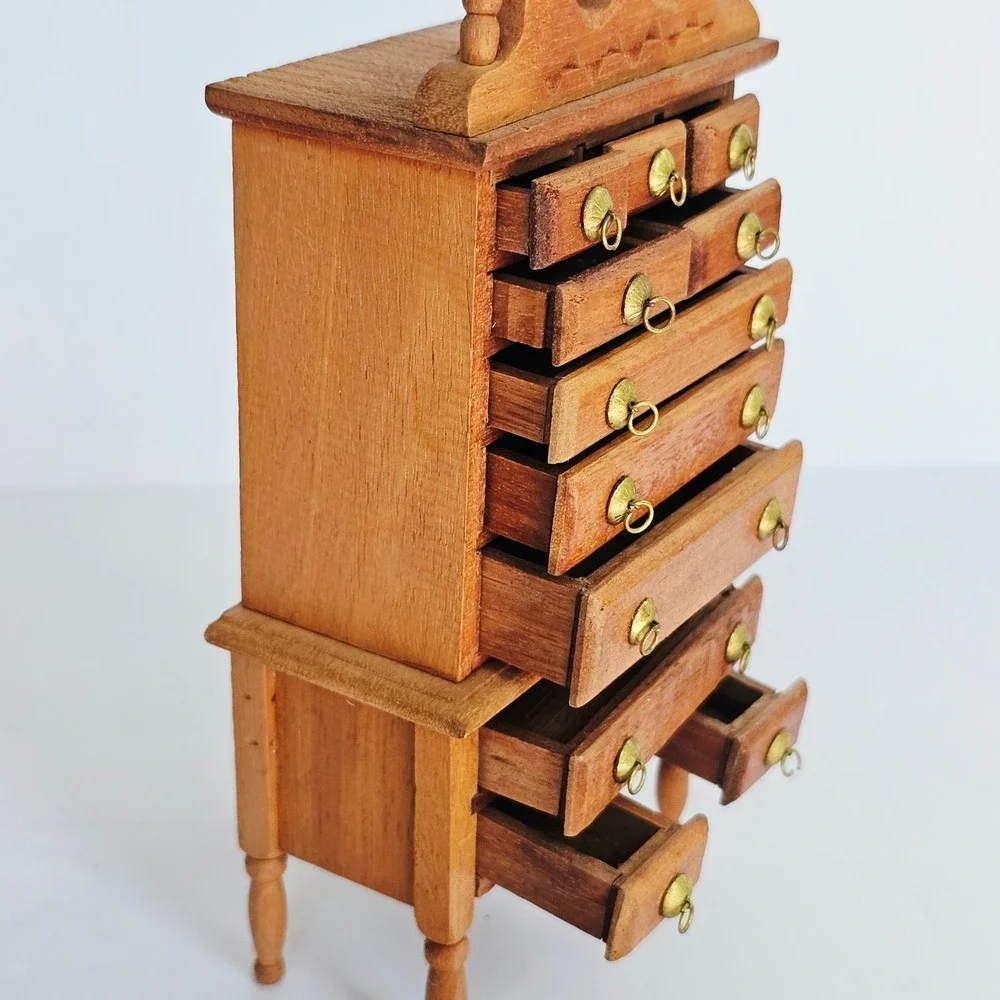 Vtg Wood Dollhouse Furniture Set Highboy Dresser Rocker Basinet Miniature Decor